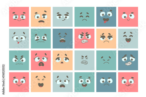 Fototapeta Naklejka Na Ścianę i Meble -  Cartoon faces. Expressive eyes and mouth, smiling, crying and surprised character face expressions. Caricature comic emotions or emoticon doodle. Isolated vector illustration icons set