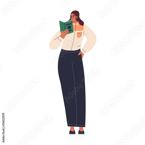 Student studying, learning with academic book in hand, preparing for university exam. Woman reader standing, reading. Teacher with textbook. Flat vector illustration isolated on white background