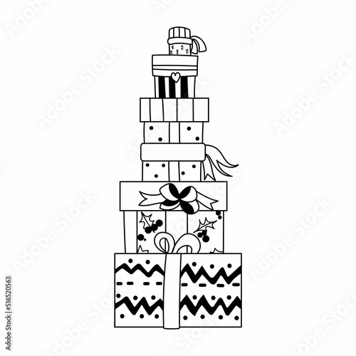 Single hand drawn New Year and Christmas gift box. Doodle vector illustration for greeting cards, posters, stickers and seasonal design. Isolated on white background.