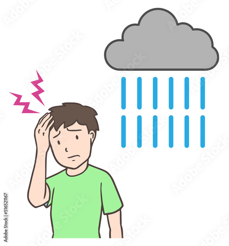 雨の日に頭痛になる男性、低気圧頭痛、天気痛