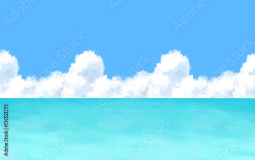 海と入道雲の背景イラスト　壁紙　横長 © 雪雲にな