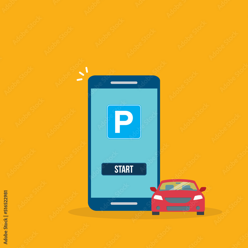 Online parking payment application, city parking. Smart city parking mobile app concept. Urban traffic technology, vector illustration. Online parking payment application, city parking. Smart city parking mobile app concept. Urban traffic technology, vector illustration.
