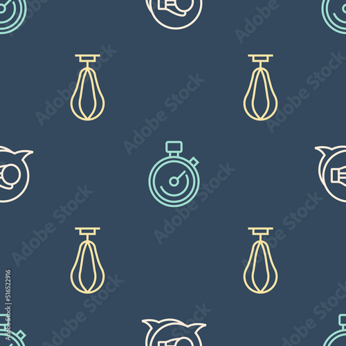 Set line Boxing glove, Punching bag and Stopwatch on seamless pattern. Vector