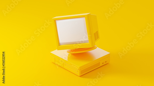 Yellow computer mockup on yellow background. Minimal idea concept, 3D Render.
