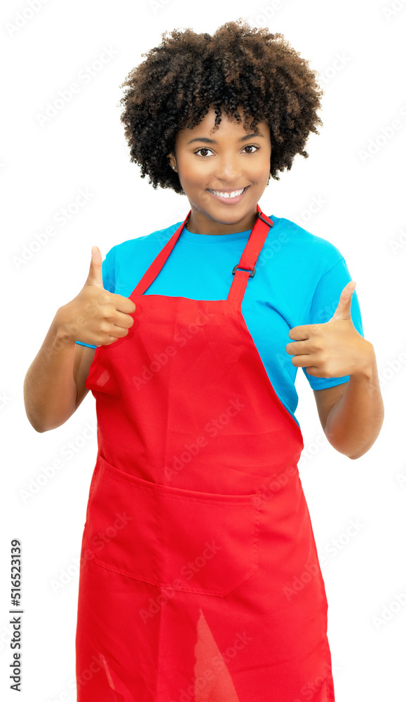 Pretty african american clerk or waitress showing both thumbs up Pretty african american clerk or waitress showing both thumbs up