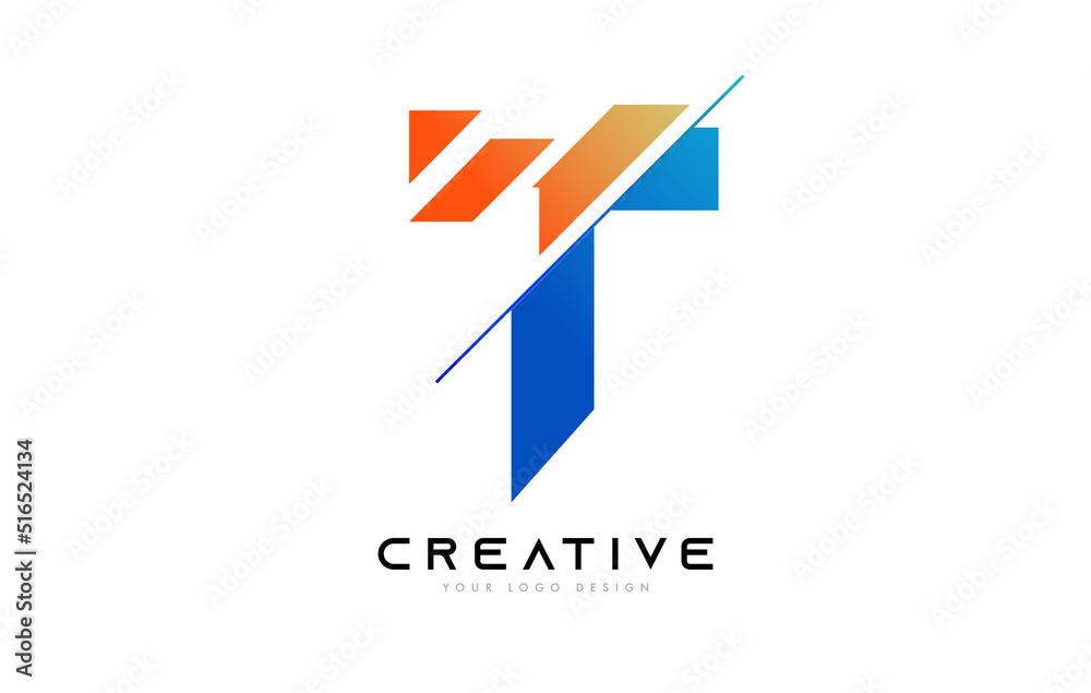Sliced Letter T Logo Icon Design with Blue and Orange Colors and Cut Slices Sliced Letter T Logo Icon Design with Blue and Orange Colors and Cut Slices