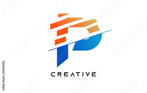 Sliced Letter P Logo Icon Design with Blue and Orange Colors and Cut Slices