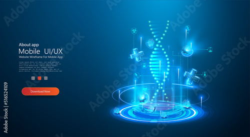 Abstract luminous DNA molecule. Modern treatment future, medicine. Innovative healthcare analysis of chromosomal DNA genetic. Abstract blue technology digital hi tech. Hologram of dna cells.