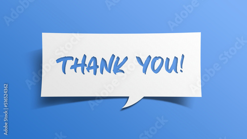 Thank you message cardboard for business, presentation, cards, minimal abstract design with white cut out paper on blue background expressing appreciation, acknowledgment and gratitude.