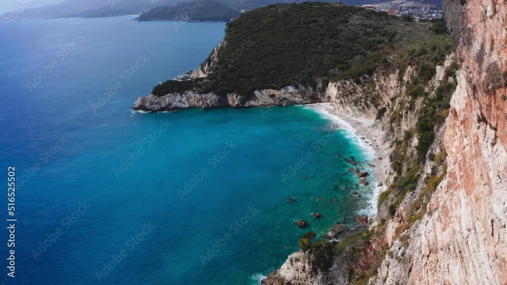 stunning aerial revealing view of paradise and remote Filikuri beach in Albanian riviera