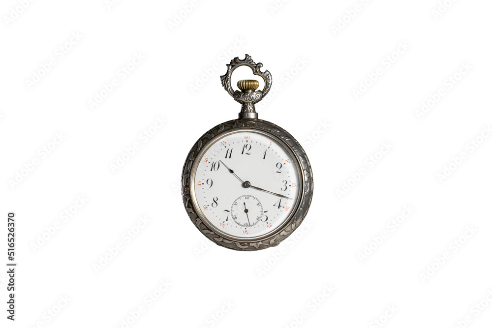 Silver mechanical antique pocket watch on white isolated background. Retro pocketwatch with second, minute and hour hand. Old round clock with dial for gentleman. Vintage timepiece.