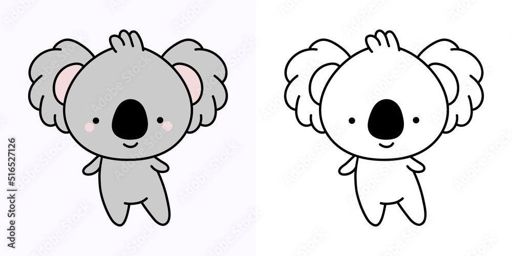 Set Clipart Koala Multicolored and Black and White. Kawaii Clip Art Koala. Vector Illustration of a Kawaii Animal for Prints for Clothes, Stickers, Baby Shower, Coloring Pages