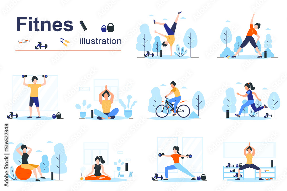 Fitness concept scenes seo with tiny people in flat design. Men and women doing yoga asanas, bodybuilding, cycling, running, exercising in gym. Vector illustration visual stories collection for web - obrazy, fototapety, plakaty 