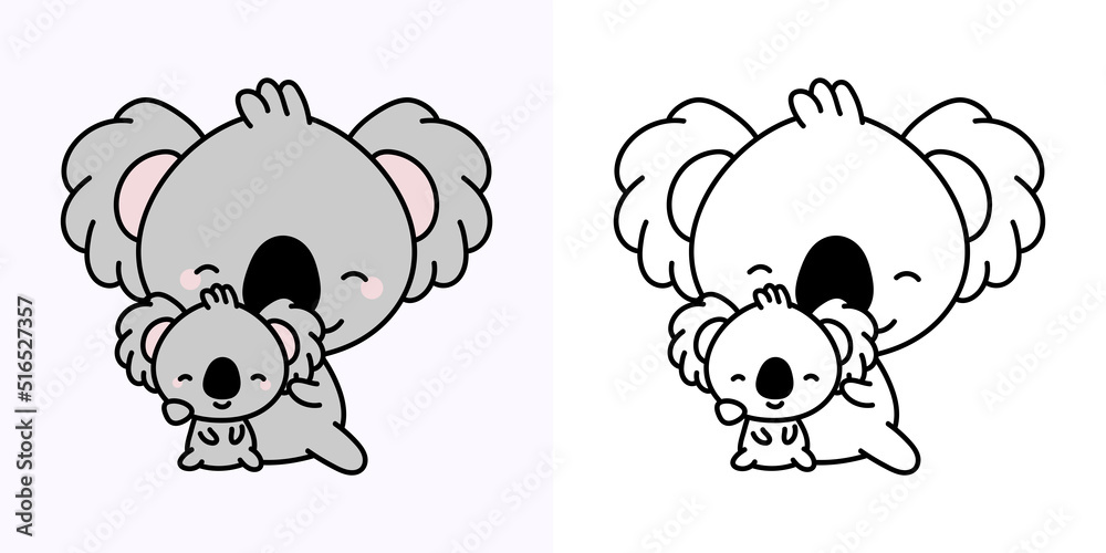Set Clipart Koala Coloring Page and Colored Illustration. Clip Art Kawaii Koala. Vector Illustration of a Kawaii Animal for Coloring Pages, Prints for Clothes, Stickers, Baby Shower.