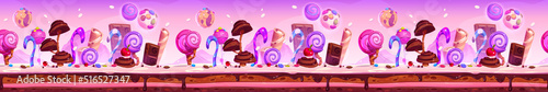 Candy planet cartoon game platform, seamless background. Arcade ui location with sweets, desserts, chocolate and lollipops. Horizontal landscape for computer game, fairy tale scene Vector illustration