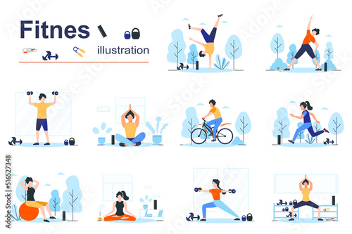 Fitness concept scenes seo with tiny people in flat design. Men and women doing yoga asanas, bodybuilding, cycling, running, exercising in gym. Vector illustration visual stories collection for web
