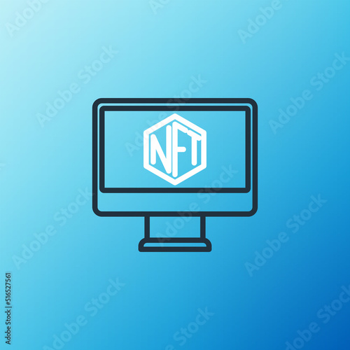 Line Monitor with art store app icon isolated on blue background. Technology of selling NFT tokens for cryptocurrency. Non fungible token concept. Colorful outline concept. Vector