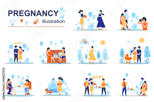 Pregnancy concept scenes seo with tiny people in flat design. Mom and dad expecting kid, celebrating baby shower party, child birthday celebrate. Vector illustration visual stories collection for web