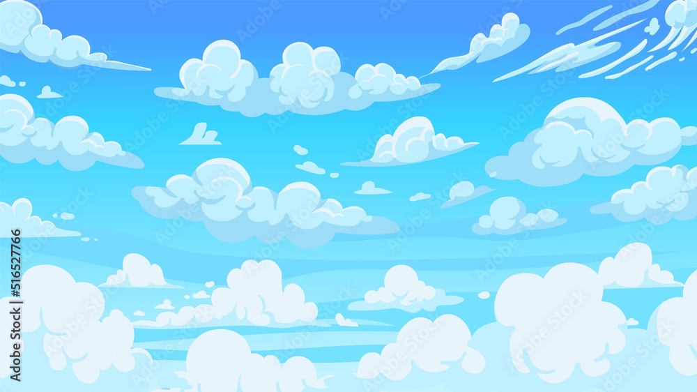 Cloudy sky background. Cartoon atmospheric anime scenery with white clouds  and sunny blue summer sky. Vector sunny weather landscape illustration  Stock Vector | Adobe Stock