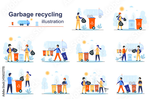 Garbage recycling concept scenes seo with tiny people in flat design. Men and women collect and separate rubbish into bins, waste management. Vector illustration visual stories collection for web