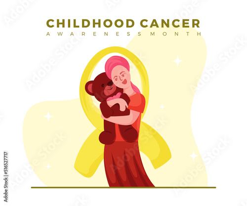 EPS10 flat illustration design of childhood cancer awareness month a girl with a cover on her head hugging a cute brown teddy bear isolated on a yellow ribbon on an abstract shape background