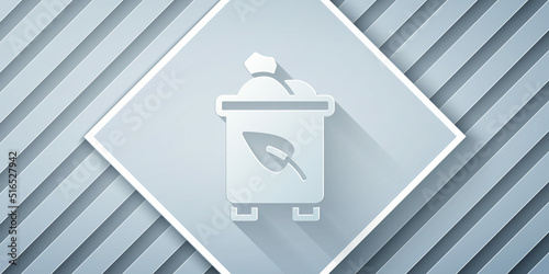 Paper cut Recycle bin with recycle symbol icon isolated on grey background. Trash can icon. Garbage bin sign. Recycle basket. Paper art style. Vector
