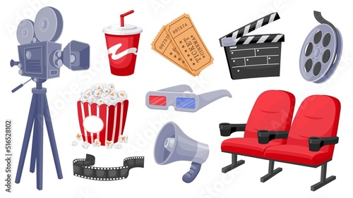 Cartoon movie elements. Camera drink tickets megaphone clapper popcorn cinema 3D symbols, motion picture and film making accessories. Vector isolated set