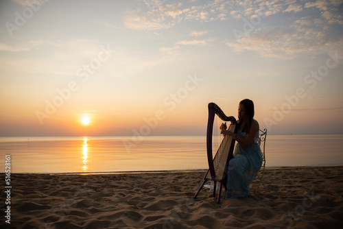 Obraz na plátně A girl in a flower dress plays on a Celtic harp by the sea at sunset