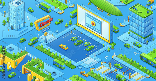Modern cityscape, isometric city map with car cinema, buildings, vehicles on streets, underground parking and flying airship. Vector illustration of town district with drive-in movie theater