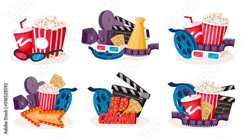 Cinema cartoon icons. Cartoon movie production and film theater symbols collection, camera film bobbin popcorn clapper cinematography elements. Vector set
