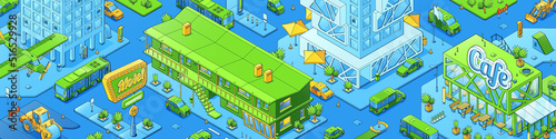 Modern city map, isometric cityscape with cafe, motel and office buildings, construction machinery, cars on streets and flying plane. Vector horizontal illustration of urban architecture and transport