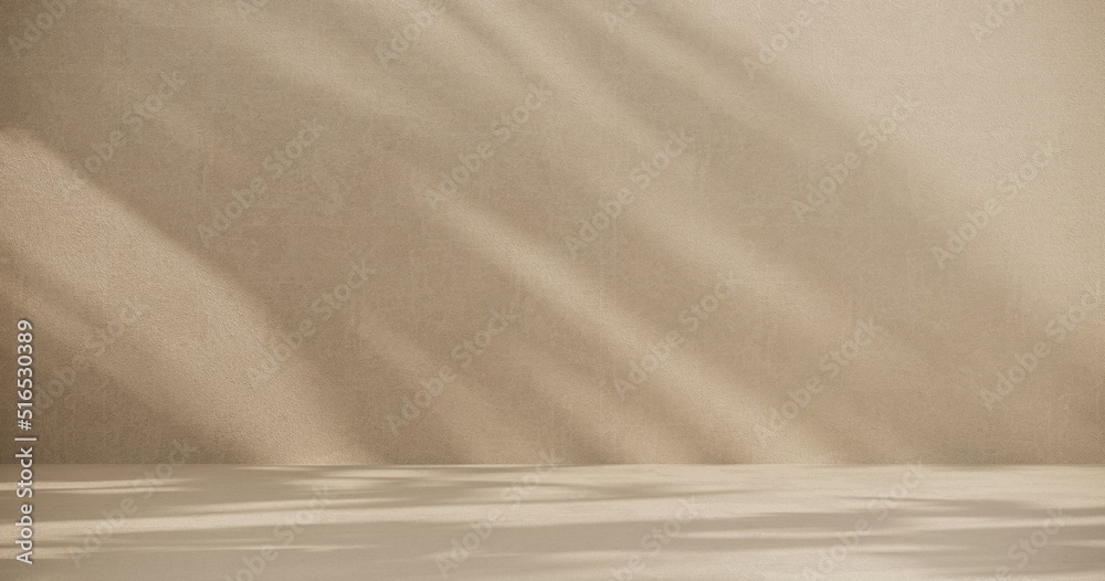 Obraz premium Podium, showcase on pastel stucco background. Abstract composition with branch, stone and shadow on the wall -3D render. Mock up for exhibitions, presentation and branding products, health care.