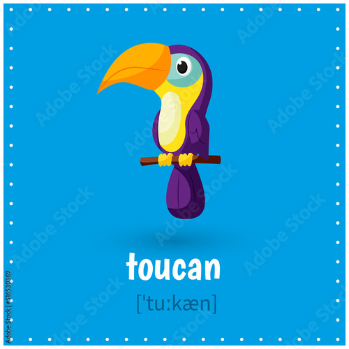 Learning cards for kids education. Learn word with transcription. Toucan. Bird. Educational worksheets for kids. Preschool activity