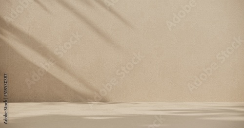 Podium, showcase on pastel stucco background. Abstract composition with branch, stone and shadow on the wall -3D render. Mock up for exhibitions, presentation and branding products, health care.