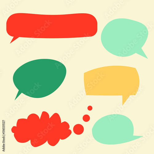 Trendy speech bubbles in flat design with short messages.