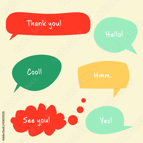 Trendy speech bubbles in flat design with short messages.