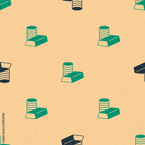 Green and black Gold coin with gold bars icon isolated seamless pattern on beige background. Banking currency sign. Cash symbol. Vector