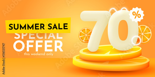 70 percent Off. Discount creative composition. Summer sale banner with orange. Sale banner and poster.
