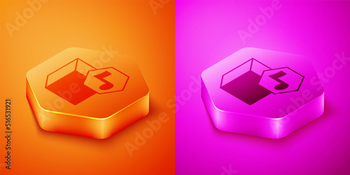 Isometric NFT Digital crypto art icon isolated on orange and pink background. Non fungible token. Hexagon button. Vector