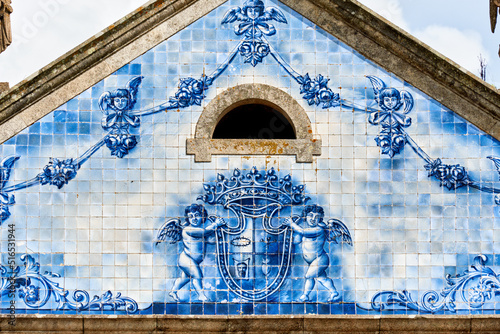 detail of the facade covered with azulejos of the church Santa Marinha in Cortegaca, Ovar district, Portugal photo