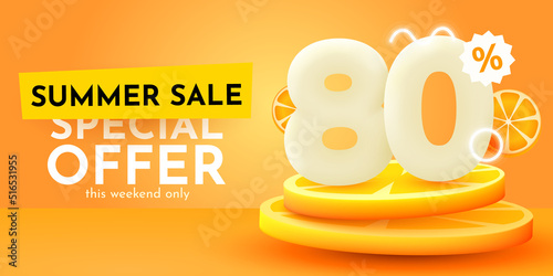 80 percent Off. Discount creative composition. Summer sale banner with orange. Sale banner and poster.