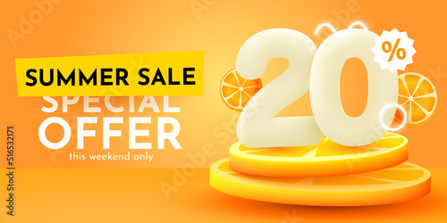 20 percent Off. Discount creative composition. Summer sale banner with orange. Sale banner and poster.