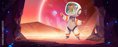Cute astronaut collect bonus crystals on alien planet in space. Baby cosmonaut flying in weightlessness catch glowing gems on extraterrestrial landscape with glowing lava, Cartoon vector illustration