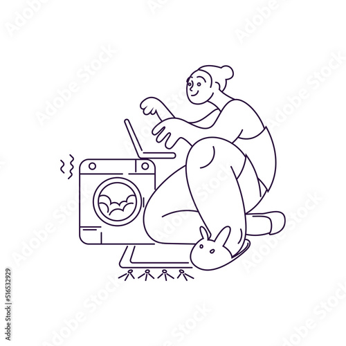 funny linear illustration on the theme of working from home with a stylized girl sitting at a computer against the background of a working washing machine
