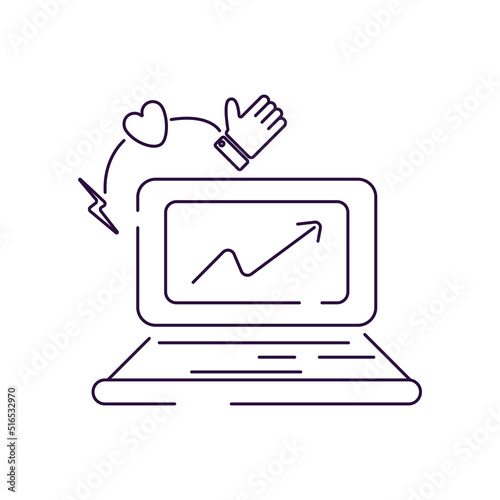 work online linear illustration of a computer and infographics with likes and a mouthpiece