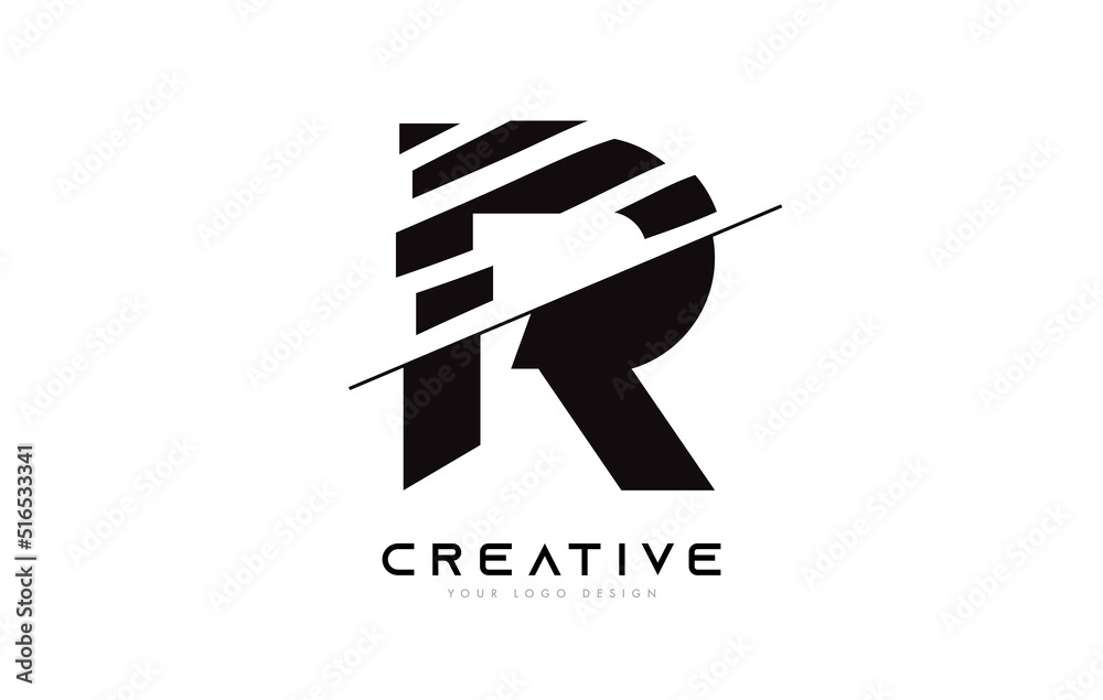 Sliced Letter R Logo Icon Design with Black and White Colors and Cut Slices Sliced Letter R Logo Icon Design with Black and White Colors and Cut Slices