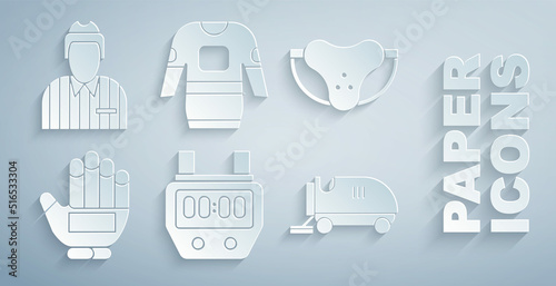 Set Stopwatch, Protective sport jockstrap, Hockey glove, Ice resurfacer, jersey and judge, referee, arbiter icon. Vector