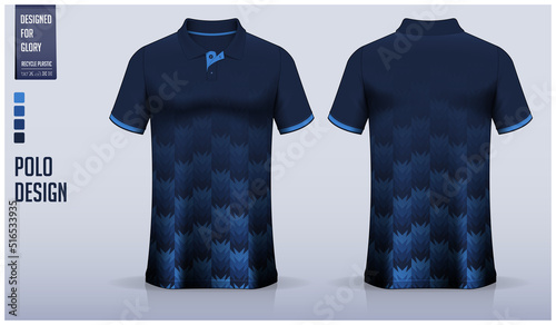 Blue polo shirt mockup template design for soccer jersey, football kit, golf, tennis, sportswear. Vertical stripes ethnic pattern.