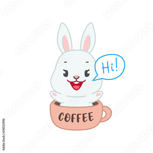 Cute bunny sitting in a cup. Flat cartoon illustration of a funny little rabbit with coffee mug and speech bubble "Hi!" isolated on a white background. Vector 10 EPS.