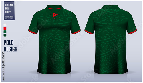 Green polo shirt mockup template design for soccer jersey, football kit, golf, tennis, sportswear. Brush stroke pattern.